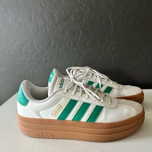 Adidas Women's White and Green Sneakers with Brown Sole